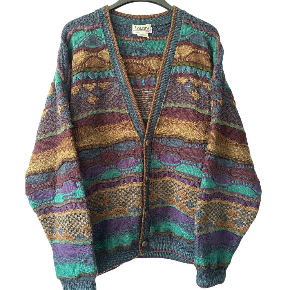 Vintage Tosani Canada 3D Knit Cardigan Cosby Style Multicolor Textured XL Wool